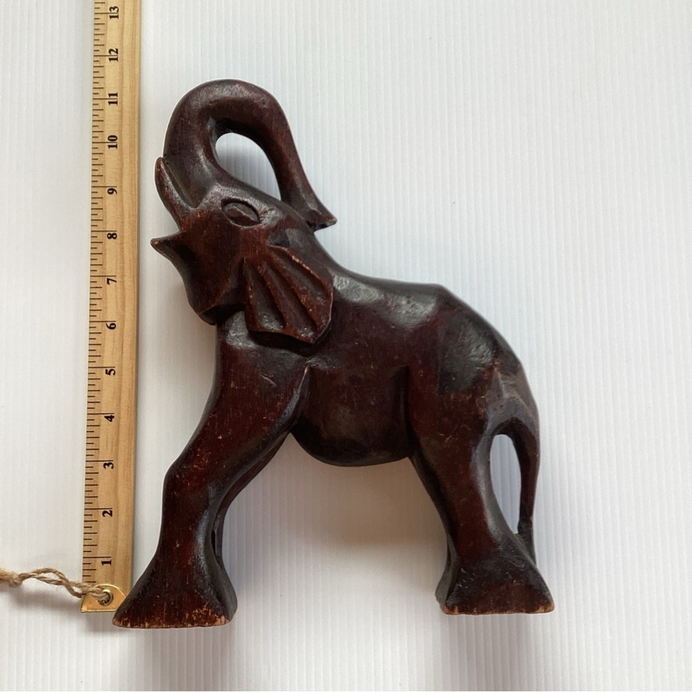 Vintage Hand Carved Dark Wood Elephant Figurine Trunk Up For Good Luck 11” Tall